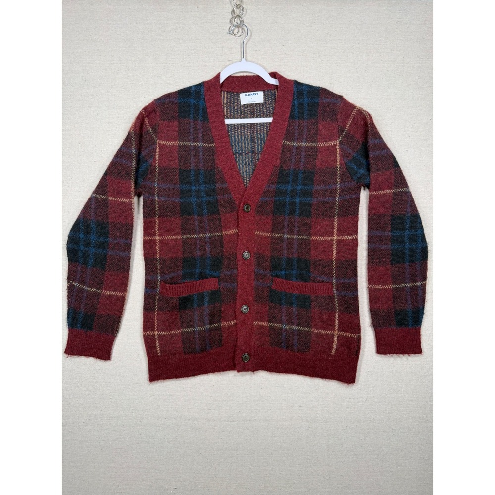 Old Navy Mens Red Blue Plaid Wool Blend V-Neck Button Cardigan Sweater Small